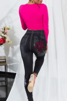 hoge taille leggings jeans look met bloemen-print zwart